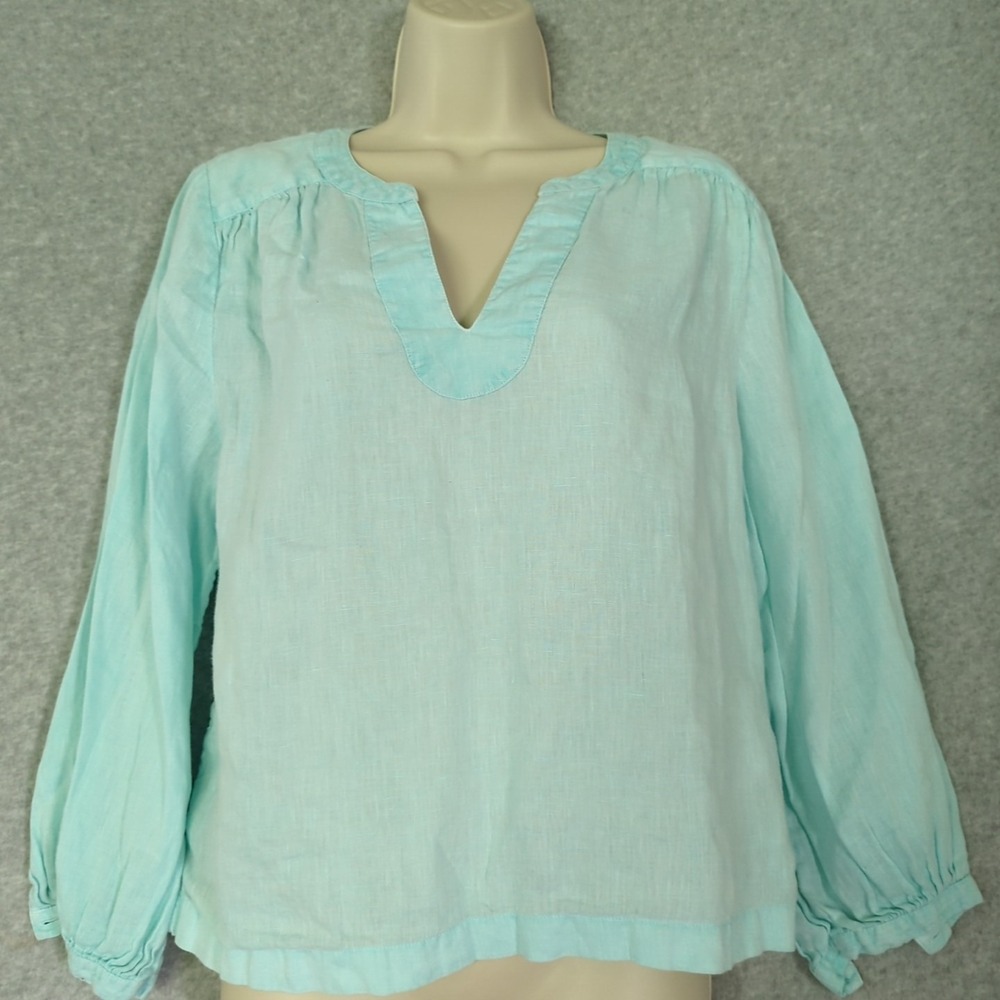 Halston Aqua Green Linen Long Sleeve Cropped Top Shirt Women M